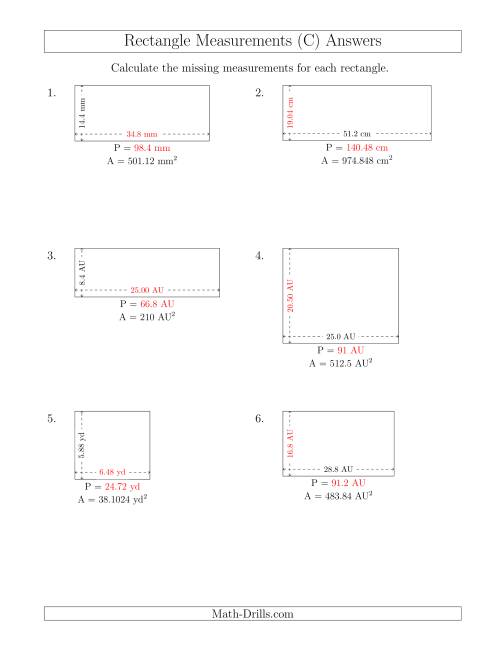 The Calculating the Side and Perimeter Measurements of Rectangles from Area and Side Measurements (Decimal Numbers) (C) Math Worksheet Page 2