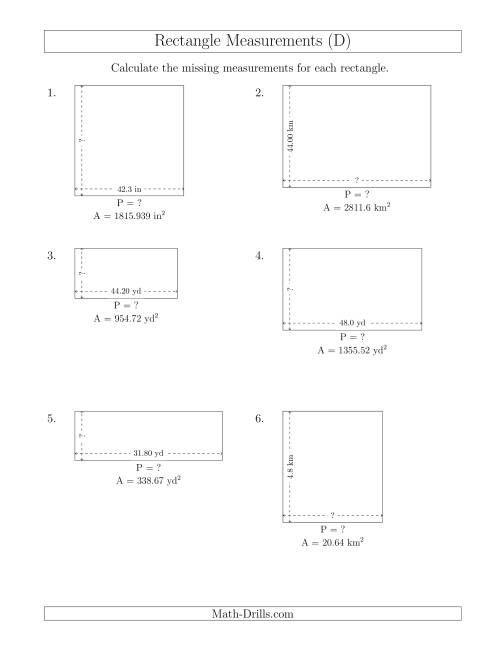 The Calculating the Side and Perimeter Measurements of Rectangles from Area and Side Measurements (Decimal Numbers) (D) Math Worksheet