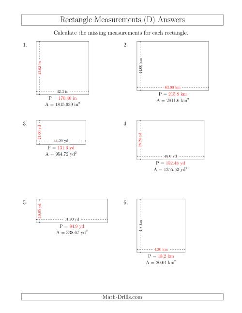 The Calculating the Side and Perimeter Measurements of Rectangles from Area and Side Measurements (Decimal Numbers) (D) Math Worksheet Page 2
