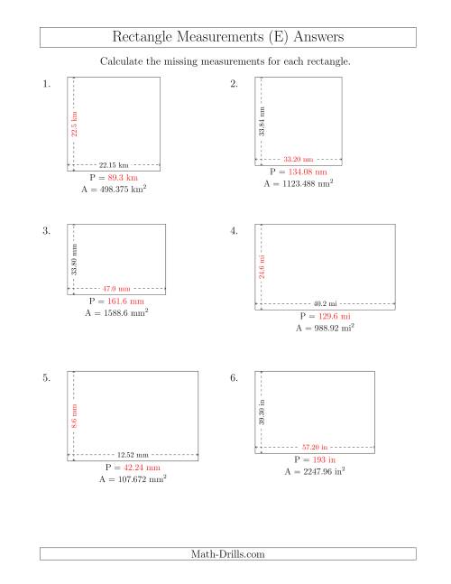 The Calculating the Side and Perimeter Measurements of Rectangles from Area and Side Measurements (Decimal Numbers) (E) Math Worksheet Page 2