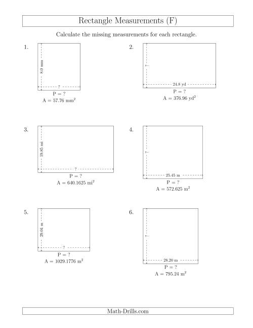 The Calculating the Side and Perimeter Measurements of Rectangles from Area and Side Measurements (Decimal Numbers) (F) Math Worksheet