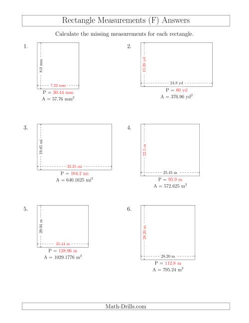 The Calculating the Side and Perimeter Measurements of Rectangles from Area and Side Measurements (Decimal Numbers) (F) Math Worksheet Page 2