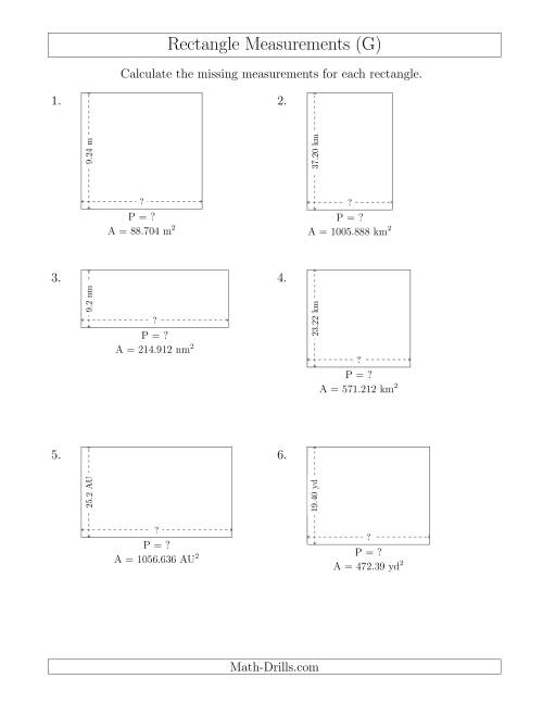 The Calculating the Side and Perimeter Measurements of Rectangles from Area and Side Measurements (Decimal Numbers) (G) Math Worksheet