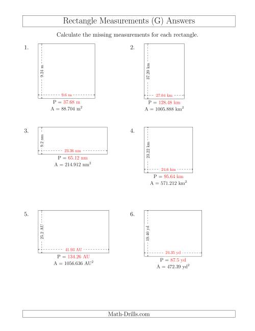 The Calculating the Side and Perimeter Measurements of Rectangles from Area and Side Measurements (Decimal Numbers) (G) Math Worksheet Page 2