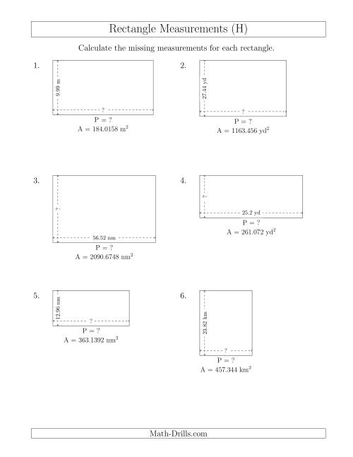 The Calculating the Side and Perimeter Measurements of Rectangles from Area and Side Measurements (Decimal Numbers) (H) Math Worksheet