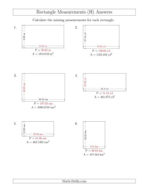 The Calculating the Side and Perimeter Measurements of Rectangles from Area and Side Measurements (Decimal Numbers) (H) Math Worksheet Page 2
