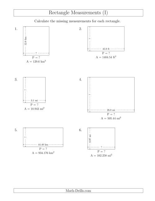 The Calculating the Side and Perimeter Measurements of Rectangles from Area and Side Measurements (Decimal Numbers) (I) Math Worksheet