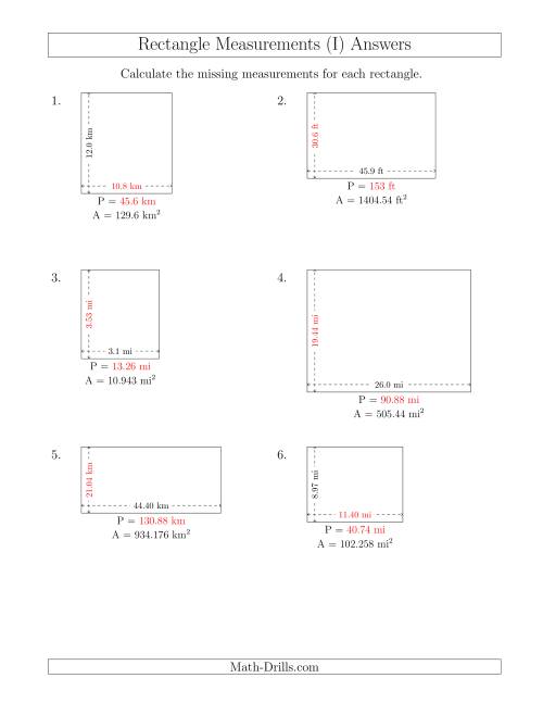 The Calculating the Side and Perimeter Measurements of Rectangles from Area and Side Measurements (Decimal Numbers) (I) Math Worksheet Page 2