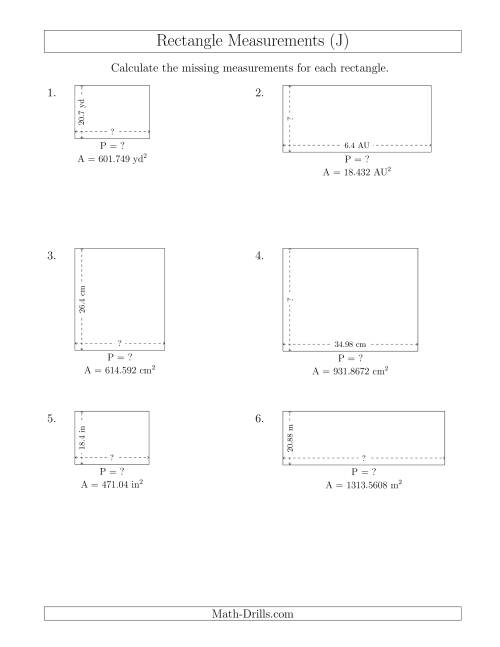 The Calculating the Side and Perimeter Measurements of Rectangles from Area and Side Measurements (Decimal Numbers) (J) Math Worksheet