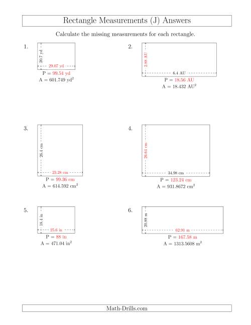 The Calculating the Side and Perimeter Measurements of Rectangles from Area and Side Measurements (Decimal Numbers) (J) Math Worksheet Page 2