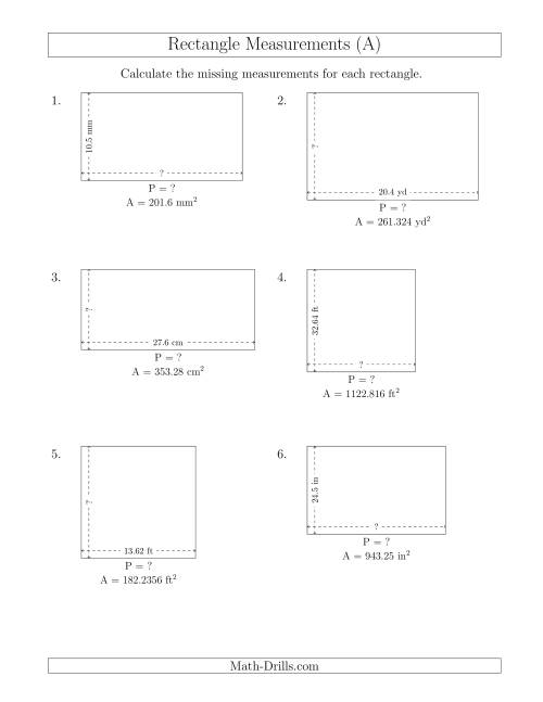 The Calculating the Side and Perimeter Measurements of Rectangles from Area and Side Measurements (Decimal Numbers) (All) Math Worksheet