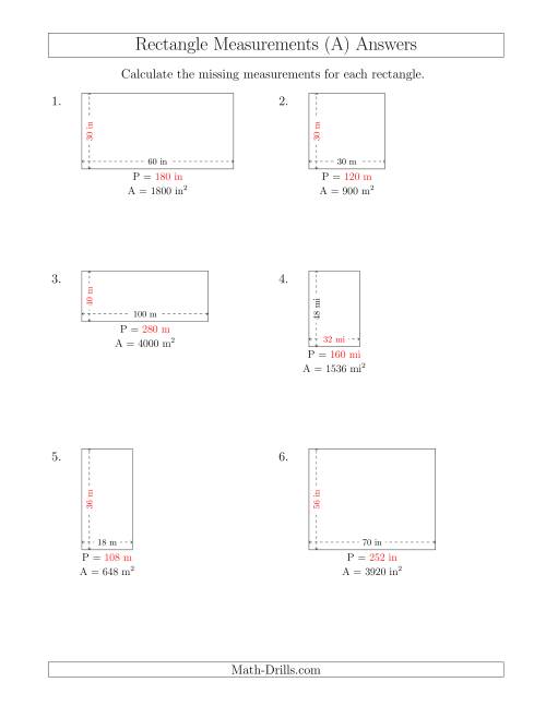 The Calculating the Side and Perimeter Measurements of Rectangles from Area and Side Measurements (Larger Whole Numbers) (A) Math Worksheet Page 2