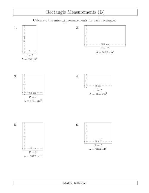 The Calculating the Side and Perimeter Measurements of Rectangles from Area and Side Measurements (Larger Whole Numbers) (B) Math Worksheet