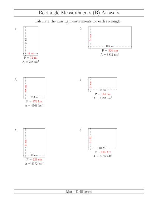 The Calculating the Side and Perimeter Measurements of Rectangles from Area and Side Measurements (Larger Whole Numbers) (B) Math Worksheet Page 2