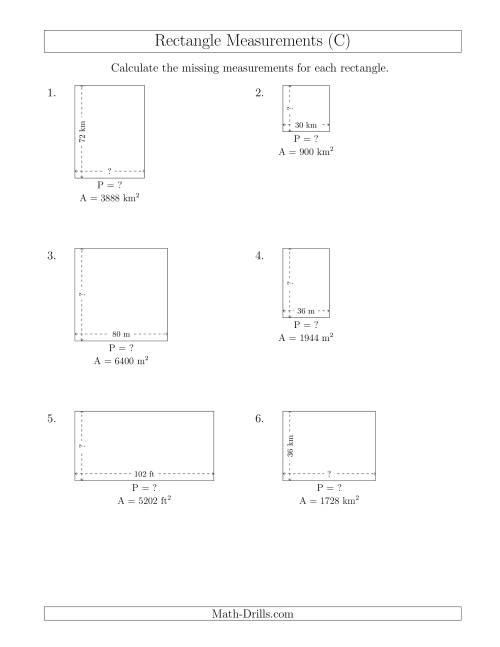 The Calculating the Side and Perimeter Measurements of Rectangles from Area and Side Measurements (Larger Whole Numbers) (C) Math Worksheet