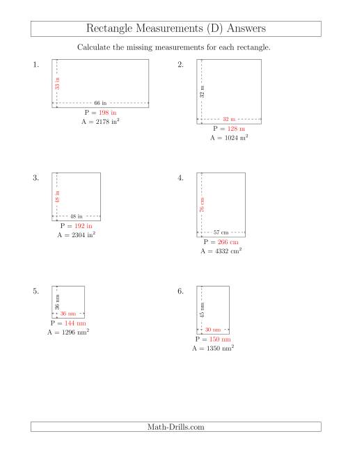The Calculating the Side and Perimeter Measurements of Rectangles from Area and Side Measurements (Larger Whole Numbers) (D) Math Worksheet Page 2