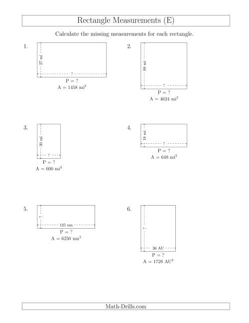The Calculating the Side and Perimeter Measurements of Rectangles from Area and Side Measurements (Larger Whole Numbers) (E) Math Worksheet