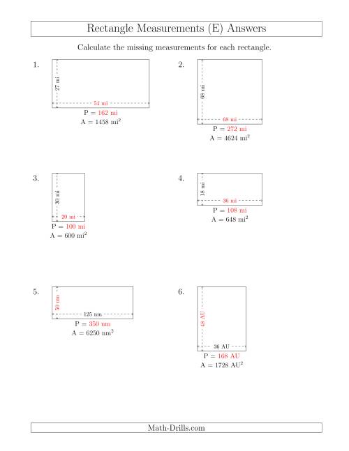 The Calculating the Side and Perimeter Measurements of Rectangles from Area and Side Measurements (Larger Whole Numbers) (E) Math Worksheet Page 2