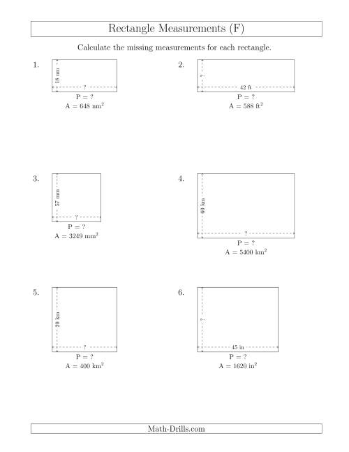 The Calculating the Side and Perimeter Measurements of Rectangles from Area and Side Measurements (Larger Whole Numbers) (F) Math Worksheet