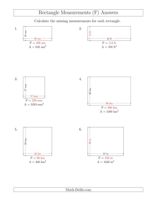 The Calculating the Side and Perimeter Measurements of Rectangles from Area and Side Measurements (Larger Whole Numbers) (F) Math Worksheet Page 2