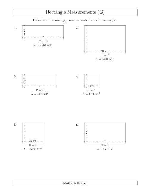 The Calculating the Side and Perimeter Measurements of Rectangles from Area and Side Measurements (Larger Whole Numbers) (G) Math Worksheet