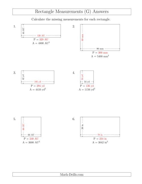 The Calculating the Side and Perimeter Measurements of Rectangles from Area and Side Measurements (Larger Whole Numbers) (G) Math Worksheet Page 2