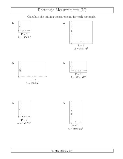 The Calculating the Side and Perimeter Measurements of Rectangles from Area and Side Measurements (Larger Whole Numbers) (H) Math Worksheet