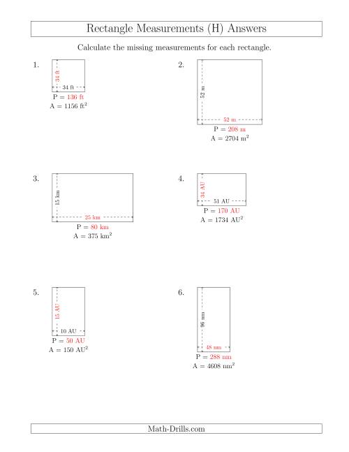 The Calculating the Side and Perimeter Measurements of Rectangles from Area and Side Measurements (Larger Whole Numbers) (H) Math Worksheet Page 2
