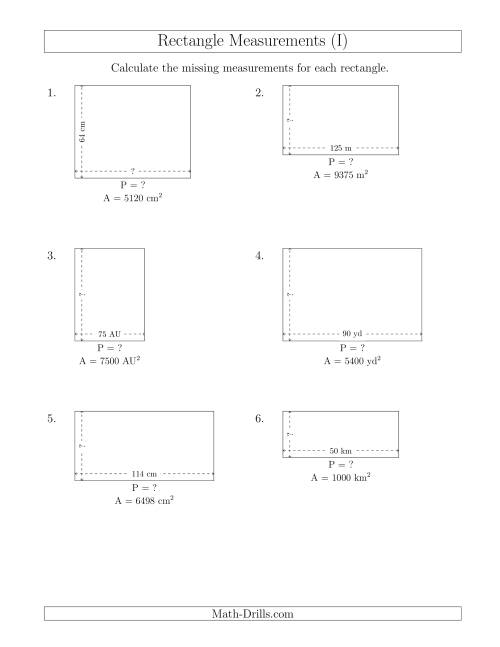 The Calculating the Side and Perimeter Measurements of Rectangles from Area and Side Measurements (Larger Whole Numbers) (I) Math Worksheet