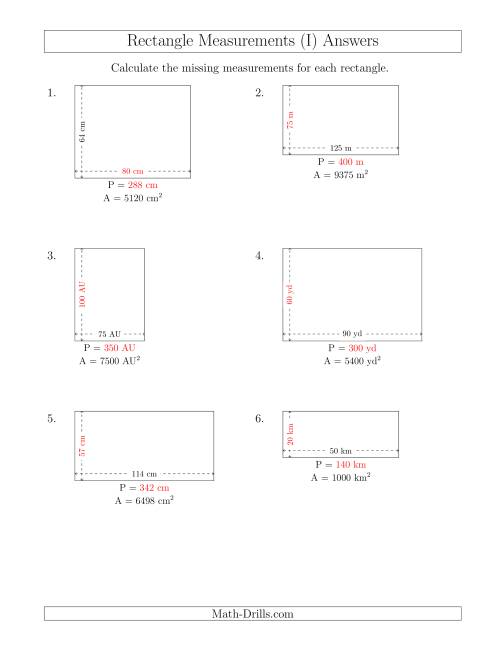 The Calculating the Side and Perimeter Measurements of Rectangles from Area and Side Measurements (Larger Whole Numbers) (I) Math Worksheet Page 2