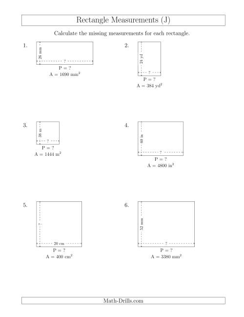 The Calculating the Side and Perimeter Measurements of Rectangles from Area and Side Measurements (Larger Whole Numbers) (J) Math Worksheet