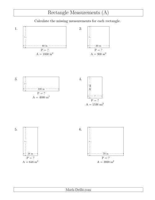 The Calculating the Side and Perimeter Measurements of Rectangles from Area and Side Measurements (Larger Whole Numbers) (All) Math Worksheet