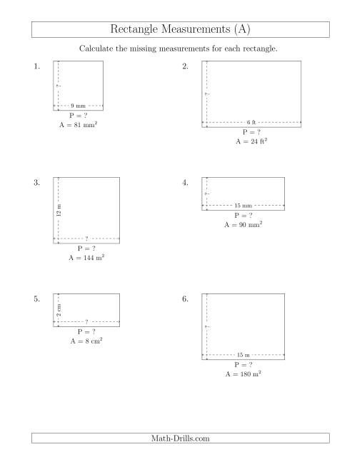 The Calculating the Side and Perimeter Measurements of Rectangles from Area and Side Measurements (Smaller Whole Numbers) (A) Math Worksheet