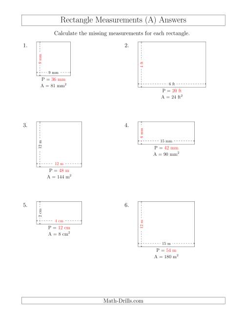The Calculating the Side and Perimeter Measurements of Rectangles from Area and Side Measurements (Smaller Whole Numbers) (A) Math Worksheet Page 2
