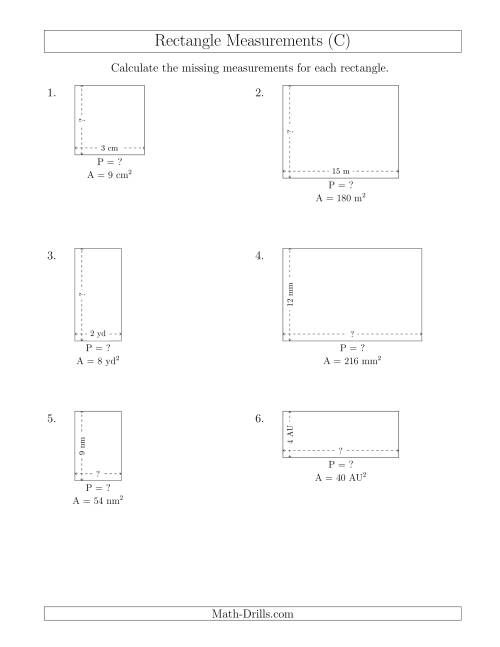 The Calculating the Side and Perimeter Measurements of Rectangles from Area and Side Measurements (Smaller Whole Numbers) (C) Math Worksheet