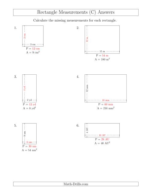 The Calculating the Side and Perimeter Measurements of Rectangles from Area and Side Measurements (Smaller Whole Numbers) (C) Math Worksheet Page 2