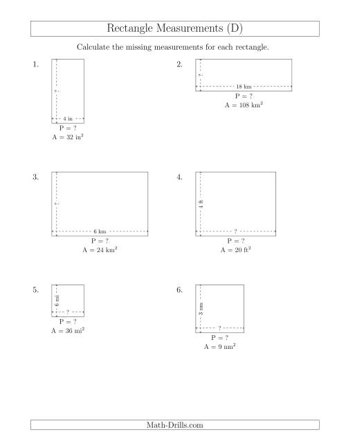 The Calculating the Side and Perimeter Measurements of Rectangles from Area and Side Measurements (Smaller Whole Numbers) (D) Math Worksheet