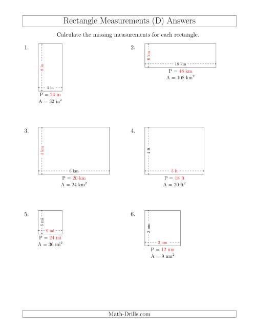 The Calculating the Side and Perimeter Measurements of Rectangles from Area and Side Measurements (Smaller Whole Numbers) (D) Math Worksheet Page 2