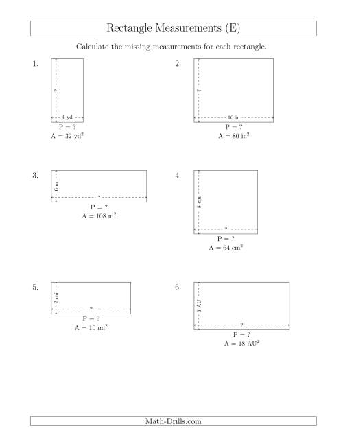 The Calculating the Side and Perimeter Measurements of Rectangles from Area and Side Measurements (Smaller Whole Numbers) (E) Math Worksheet