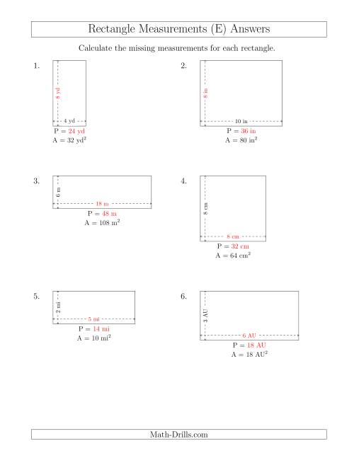 The Calculating the Side and Perimeter Measurements of Rectangles from Area and Side Measurements (Smaller Whole Numbers) (E) Math Worksheet Page 2