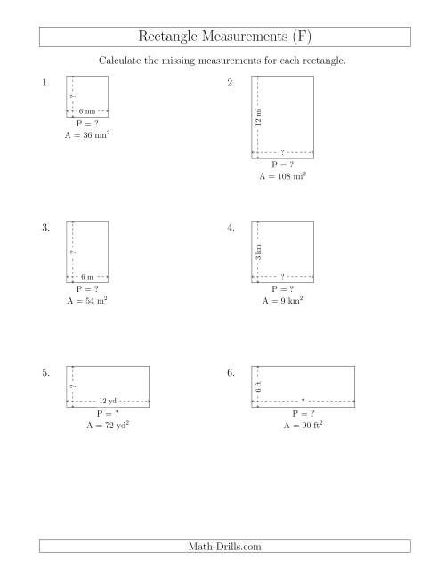 The Calculating the Side and Perimeter Measurements of Rectangles from Area and Side Measurements (Smaller Whole Numbers) (F) Math Worksheet