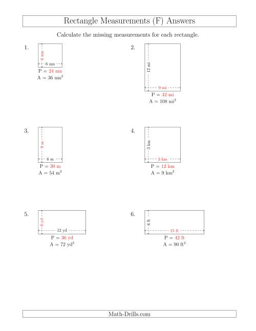 The Calculating the Side and Perimeter Measurements of Rectangles from Area and Side Measurements (Smaller Whole Numbers) (F) Math Worksheet Page 2