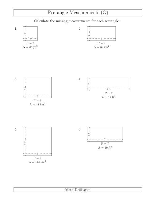The Calculating the Side and Perimeter Measurements of Rectangles from Area and Side Measurements (Smaller Whole Numbers) (G) Math Worksheet