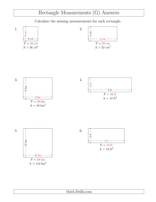 The Calculating the Side and Perimeter Measurements of Rectangles from Area and Side Measurements (Smaller Whole Numbers) (G) Math Worksheet Page 2