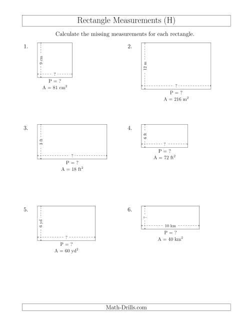 The Calculating the Side and Perimeter Measurements of Rectangles from Area and Side Measurements (Smaller Whole Numbers) (H) Math Worksheet