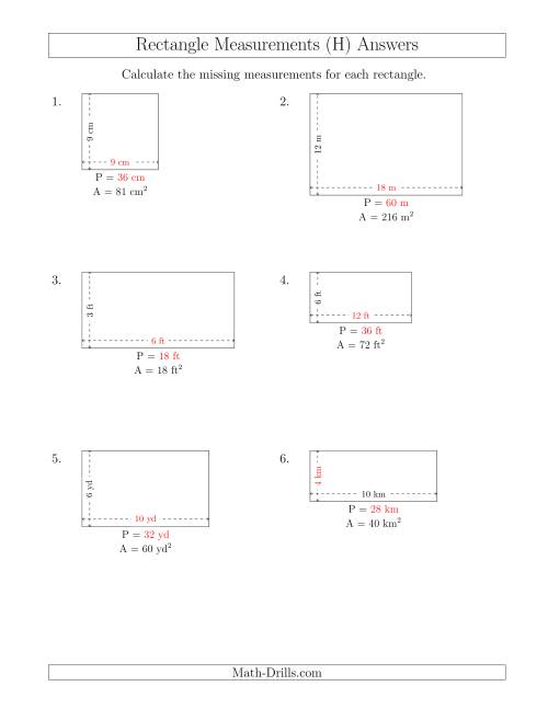 The Calculating the Side and Perimeter Measurements of Rectangles from Area and Side Measurements (Smaller Whole Numbers) (H) Math Worksheet Page 2