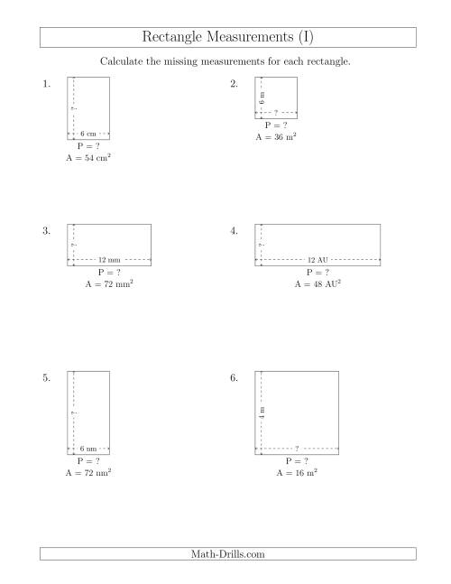The Calculating the Side and Perimeter Measurements of Rectangles from Area and Side Measurements (Smaller Whole Numbers) (I) Math Worksheet