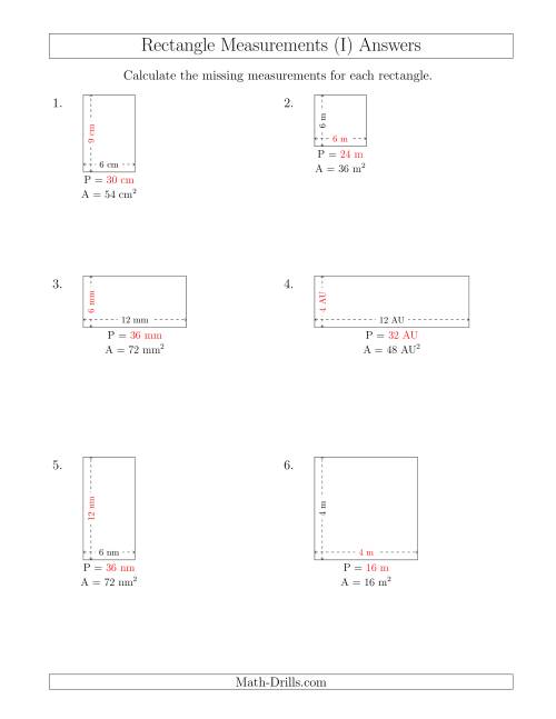 The Calculating the Side and Perimeter Measurements of Rectangles from Area and Side Measurements (Smaller Whole Numbers) (I) Math Worksheet Page 2