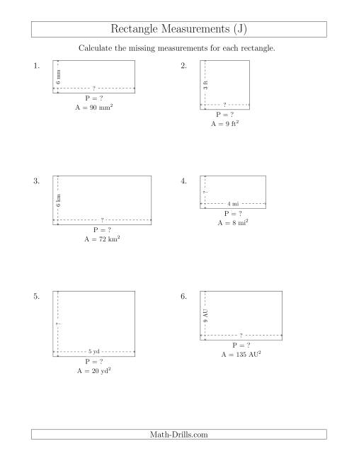 The Calculating the Side and Perimeter Measurements of Rectangles from Area and Side Measurements (Smaller Whole Numbers) (J) Math Worksheet
