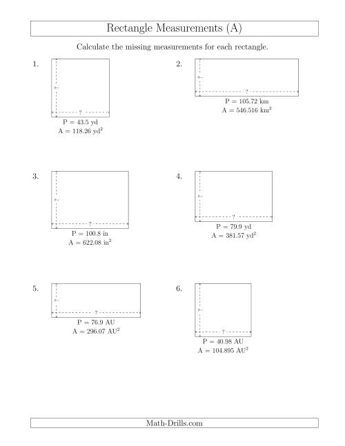 The Calculating the Side Measurements of Rectangles from Area and Perimeter (Decimal Numbers) (A) Math Worksheet